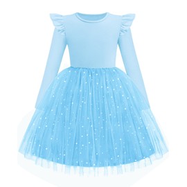 Arshiner Toddler Little Kids Tutu Tulle Dress Long Sleeve Flutter Girls Glitter Wedding Fall Winter Dresses Light Blue 4T