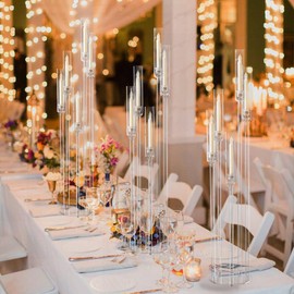 Fullvaseer 5 Arm Floor Candelabra,Acrylic Floor Candle Holder for Wedding Centerpiece Tall Clear Candle Holders for Ceremony Birthday Party Home Decoration Fit 0.8 LED Candles