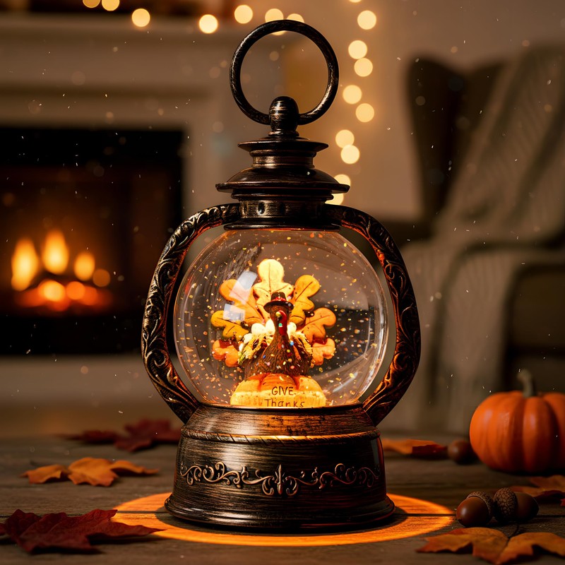 Fall Snow Globe Lantern -Thanksgiving Turkey with Pumpkin Spinning Water