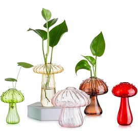 Glasseam Mushroom Glass Planter, Set of 5 Colored Plant Propagation Station, Mini Terrarium for Plants, Unique Small Glass Vase for Flowers, Cute Hydroponic Indoor Planters Gifts for Women Room Decor