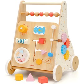 Pillowhale Wooden Baby Push Walker with Wheels, Montessori-Inspired Activity Center – Shape Sorter, Gears, Spring “Bird” Slider & Horn Button, Brake-Assisted, Push Toys for Toddlers 12m+