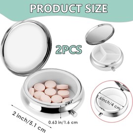 2 PCS Portable Pill Case, Travel Multifunctional Round Moisture Proof Pill Box for Purse & Pocket, 3 Compartment Cute Metal Small Silver Pill Organizer Boxes for Vitamins Fish Oil Supplements