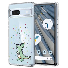 Unov Case Compatible with Pixel 7a Case Clear Transparent Slim Protective Case Soft TPU Bumper Embossed Pattern Shock Absorption 6.3 Inches (Rainbow Dinosaur)