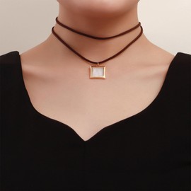 Enautoabs Vintage Velvet Wrap Choker Necklace Mother of Pearl Square Pendant Necklaces Layered Suede Velvet Choker Necklace Brown Suede Necklaces Jewellery for Women, Zinc, No Gemstone