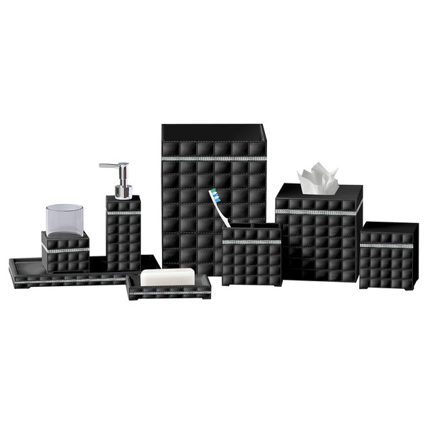 nu steel GB-8PC/SET Giraffe Black Bath Accessory Set for Vanity Countertops 8 Piece Includes Cotton Container, Dish,Toothbrush, Tumbler,soap Lotion,Waste Basket,Tissue Box Holder,Tray-Resin, 8