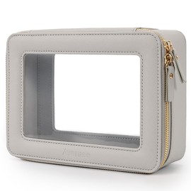 Aveniee Clear Makeup Bag for Women, Large Clear Cosmetic Bags Travel Toiletry Bag, Heavy Duty Makeup Organizer, Makeup Train Case with Clear Windows & Gold Zippers(Grey)
