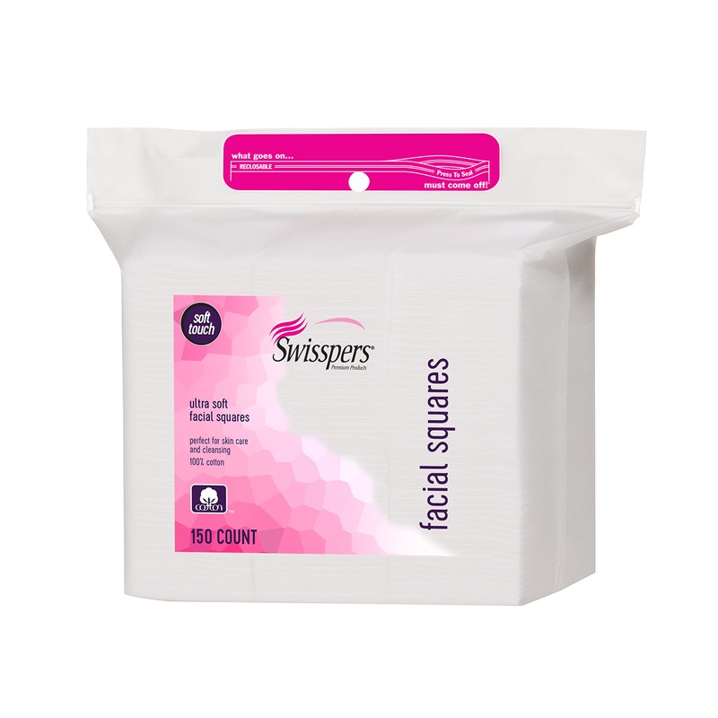 Swisspers Premium Facial Square Pads, 100% Pure Cotton, 150-Count Pads