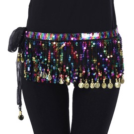 Bailinks Women's Black, One Size, 150cm/59inches, Dance Hip Scarf with Sequins and Coins for Belly Dancing, Yoga Classes, and Performances