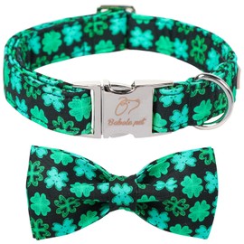 Babole Pet St.Patrick's Day Clover Dog Collars with Bow Tie,Black Clover Soft Cotton with Safety Metal Buckle Adjustable Puppy Collars for Small Boy & Girl Dog,Best Gift,S,10"-16"
