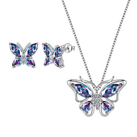 Aurora Tears Butterfly Necklace Earrings Rings Birthstone Jewellery Set Pendant Dating Pendant Gifts for Women and Girls 925 Sterling Silver, M.mystical rainbow topaz