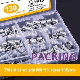 Screw-in Nut Threaded Insert Wood Screw Sleeves 130 Pieces M6 Threaded Bushing Hex Nuts Assortment Made of Galvanised Steel for Wooden Furniture (M6 x 15 130 Pieces)