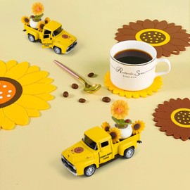 Sunflower Vintage Truck Decor, Tiered Tray Centerpiece with Mini Sunflowers Ornament, Sunflower Party Decorations, Sunflower Decor (Style One)