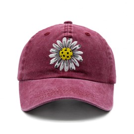 Waldeal Pickleball Hat for Women, Ajustable Embroidered Daisy Washed Denim Baseball Cap, Burgundy