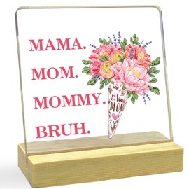 Mama Mom Desk Decor, Mom Gifts from Daughter Son, White Daisy Mom Decorative Acrylic Desk Plaque Sign with Wood Stand, Birthday Mother's Day Thanksgiving Appreciation Gift for Mom-A16