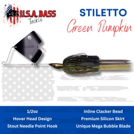 U.S.A. BASS TACKLE Stiletto Buzzbait Largemouth Smallmouth Spotted Bass Premium Fishing Bait Hover Head Custom Silicon Skirt Bubble Blade Clacker Heavy Duty Hook (Green Pumpkin, 1/2oz)