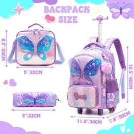 Homskiii Girls Rolling Backpack with Wheels for Kids 3D Butterfly School Roller Backpack,Carry on Travel Luggage with Lunch Bag and Pencil Case for Girls Ages 5-12