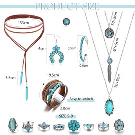 Helicopchain Western Bohemian Turquoise Jewelry Set for Women - Pendant Choker Necklace, Faux Leather Cuff Bracelet, Hoop Dangle Earrings, Joint Knuckle