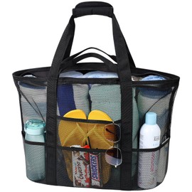 F-color Mesh Beach Bag Tote - 9 Pockets Beach Bag with Zipper for Family Travel Beach Pool Swim Gym Camping Waterpark, with Towel Sunscreen Bottles Clothes Shoes and More Beach Accessories, Black