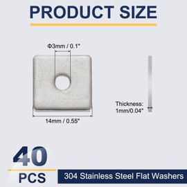 sourcing map 40 Pcs Flat Square Plate Washer, 3MM ID x 14MM OD x 1MM Thick 304 Stainless Steel Flat Pad Spacer Gasket for Bolts Factories Bathroom Repair Shops Construction, Silver