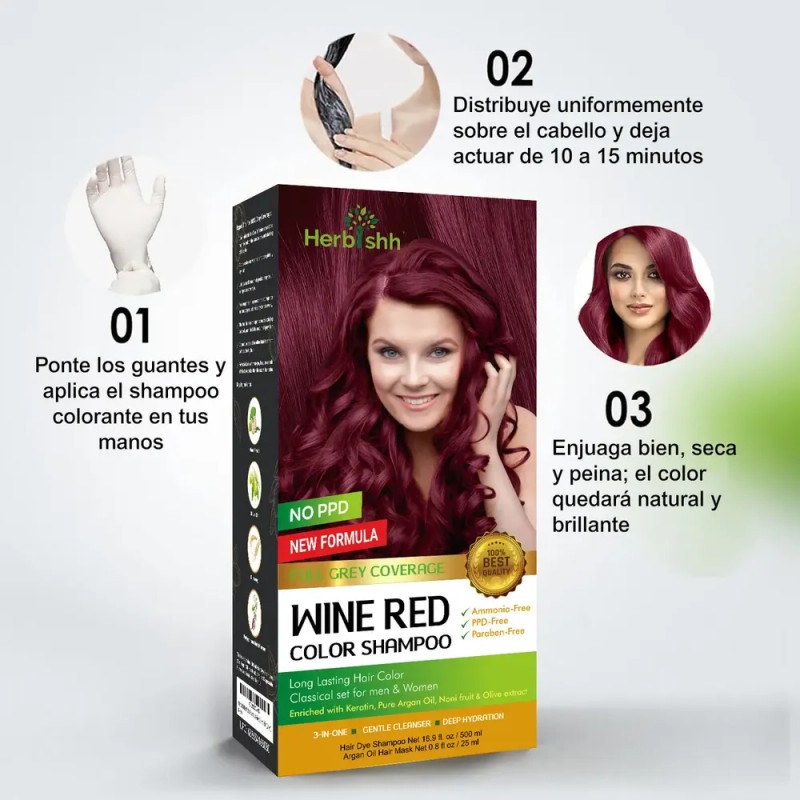 Shampoo Tinte Cubre Canas Rojo Vino Herbishh 500ml