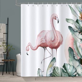 Bonhause Shower Curtain Pink Flamingo Tropical Leaves Shower Curtains 180 x 180 cm Anti-Mould Waterproof Polyester Fabric Washable Bathroom Curtain for Bathroom with 12 Hooks