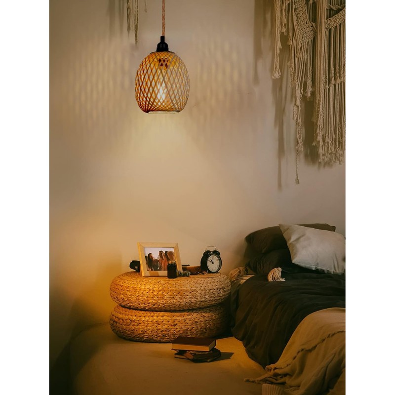 Hanging Lampshade with Plug, Outdoor Lamp, Hanging Boho Rattan Ceiling