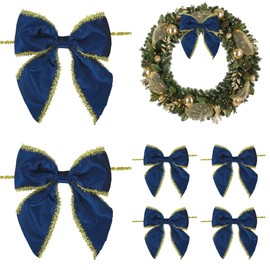 LiBongTa 5" Navy Blue Bows Velvet Ribbon Bows with Gold Tinsel Edge, Christmas Bows, Blue Bows for Gift Wrapping, Pre-Tied Bows for Christmas Tree, Wreath, Present, Party Decor, Crafts-6 Counts