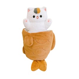Karoeiwa Taiyaki Cat Plush Pillow 11.8 inch Cut Kitten Inside Fish 2 in 1 Stuffed Animal Ultra Soft Plushies Toys Gifts for Kids Girlfriend Brown