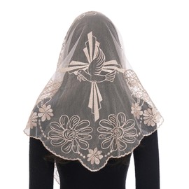 Bozidol Church Catholic Veils for Women, Triangle Champagne Cross and Dove Embroidered Lace Mantilla Chapel Veil, Latin Mass Prayer Scarf Head Coverings with Clips