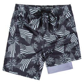 FT FENTENG Boys Swim Trunks with Compression Liner, Boy's Bathing Suit Boy Swimming Trunks Black Retro American Flag Boy Board Shorts Swimwear, Quick Dry 4 Way Stretch Beach Shorts for Boys Swimsuit