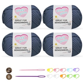 Chunky Crochet Yarn Kit for Beginners Thick Wool Cotton Amigurumi Yarn 4x50g Chunky Wool for Knitting, Ideal Easy Crochet Starter Kit for All Your Crochet Projects (4-Navy)