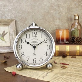 JUSTUP Vintage Table Clock, Iron European Style Desk Clock Battery Operated Non-Ticking Mantle Clock for Home Decor (Silver)