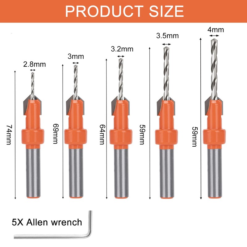 Countersink Drill Bit, 5 Countersink Drill Bit Sets with 5
