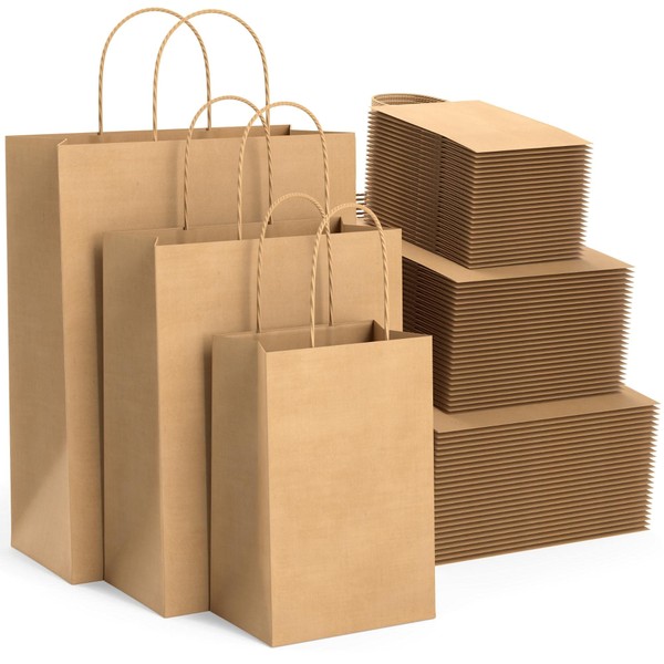 BAGKRAFT Pack of 75 Brown Paper Bags With Handles Bulk - 3 Assorted Size Gift Wrap Bags With Handles - 100% Recyclable Craft Paper Bags For Christmas, Small Businesses, Retail, Shopping, Grocery, Boutique Supplies, Parcel, Packaging
