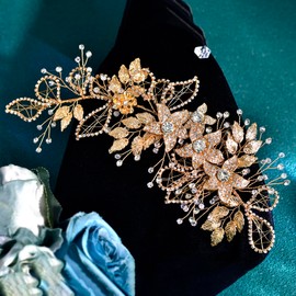 JHOO Bridal Wedding Flower & Leaf Rhinestone Hair Piece – Handcrafted Alloy Crystal Hair Accessory for Brides & Bridesmaids HP282 (Gold color, One Size)