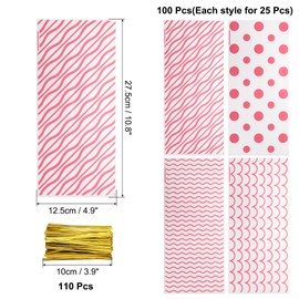 sourcing map 100 Pcs Cellophanes Treat Bags, 10.8"x 4.9" Clear Flat Cellophanes Bags Plastic Candy Gift Goodie Bags with Twist Ties for Cookie Snack Packing Party, Pink