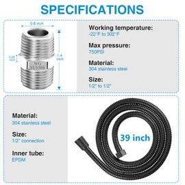 Dreyoo Matte Black Shower Head Hose with Extension Connector, 39 Inch Handheld with Brass Insert and Nut, 1/2 to 1/2 Shower Hose Extender, Stainless Steel