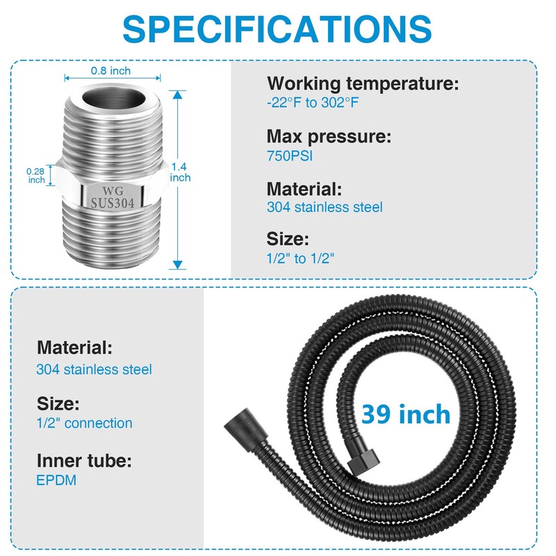 Dreyoo Matte Black Shower Head Hose with Extension Connector, 39