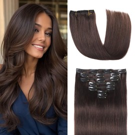 Clip in Hair Extensions Real Human Hair, 7Pcs 16 Inch Straight Brown Human Hair Extensions, 85g Dark Brown Seamless Invisible Real Clip in Human Hair Extensions, Double Weft Brazilian Remy Human Hair