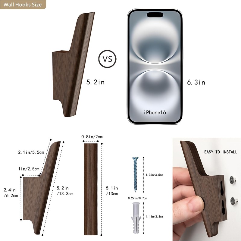 FCOWK Wall Hooks 4 Pack Coat Hooks Mounted Walnut Wood