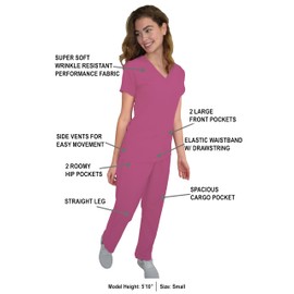 Green Town Scrubs for Women Scrub Set - V-Neck Top and Straight Leg Pant, 5 Pockets, Easy Care, Solids and Prints Uniforms -Dusty Pink-Medium