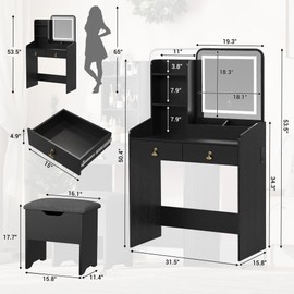 GAOMON Vanity Desk with LED Light Mirror and Charging Station,Small Makeup Vanities Set with 2 Drawers,Vanity for Girls Women with Storage Stool,Vanity Table for Bedroom(White + Black Tabletop)
