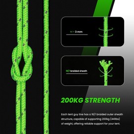 Abma Cord Guy Ropes Tent Cord with Pack of 10 Rope Tensioners 3 mm 50 m Tent Rope for Camping, Tents, Awnings, Reflective Neon Green