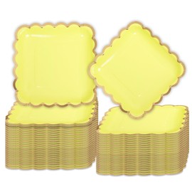 Yinbanban 60 Pcs Elegant Yellow Vintage Floral Paper Plates 7 Inch Disposable Square Dessert Plates with Gold Edge for Birthday Wedding Bridal Baby Shower Party Supplies