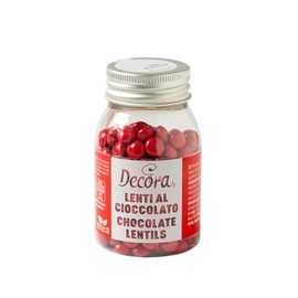 Decora, 2081189 Confezione da 80 g Mini Lenti Cioccolato A Latte Rosso Dim. ⌀ 10 mm, Pronte all’uso, Da cospargere direttamente su torte, Con il 60% di cioccolato al latte, Made in Italy