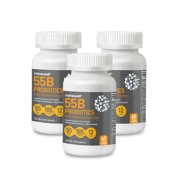 NANOWELL 55B Probiotics with Digestive Enzymes for Immune Support &