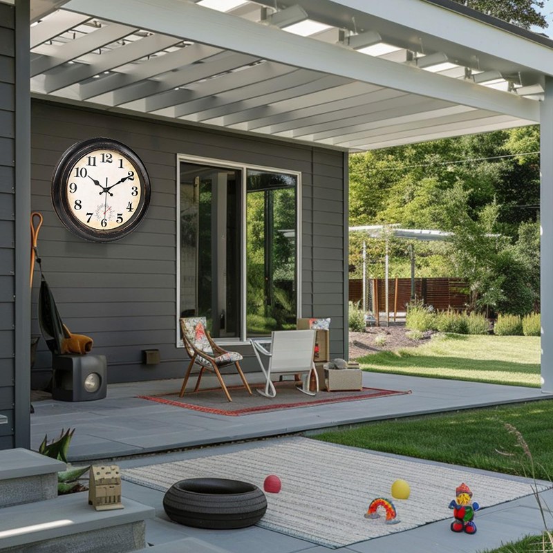 12 Inch Outdoor Clock Waterproof with Thermometer Retro Wall Clock