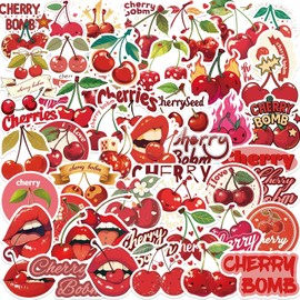Cherry Bomb Stickers 50 PCS Cute Fruit Cherry Stickers Red Aesthetic Vinyl Waterproof Decals for Water Bottles,Laptop,Cellphone,Skateboard,Guitar,Suitcase
