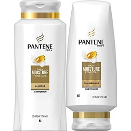 Pantene Moisturizing Shampoo 25.4 OZ and Silicon-Free Conditioner 24 OZ for Dry Hair, Daily Moisture Renewal, Bundle Pack (Packaging May Vary)