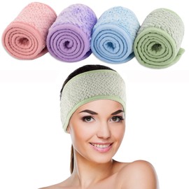 Whaline 4 diademas faciales de spa, superabsorción, para maquillaje, para el cabello, ajustables, de forro polar, suave, para lavado facial, ducha, deportes (verde guisante, rosa-naranja, azul, morado claro)